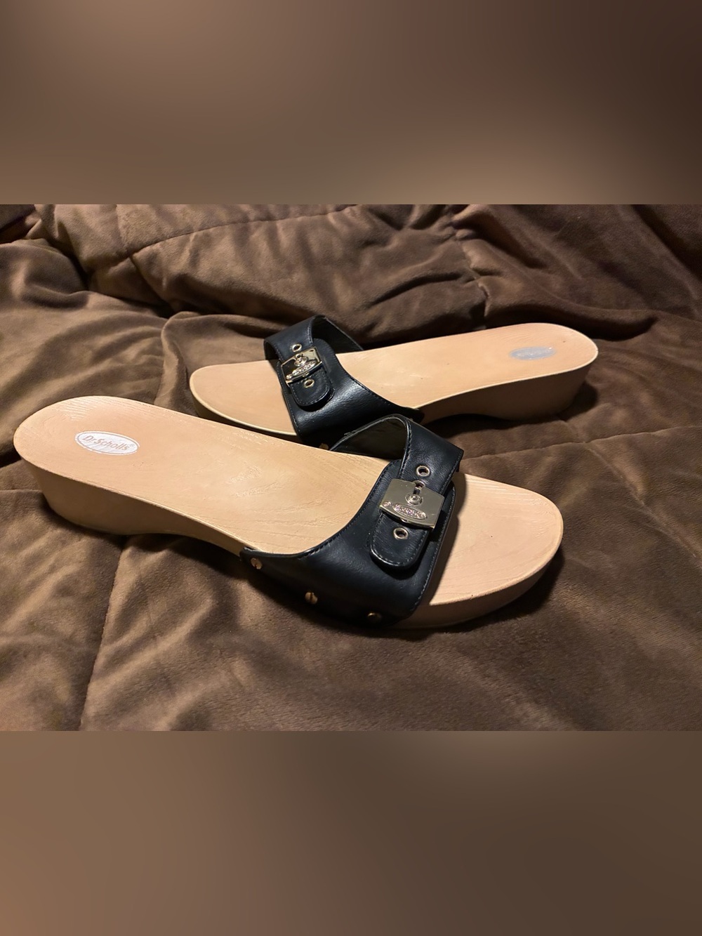 Dr. Scholl's Black  Slide Sandals with Gold Hardware, size 10